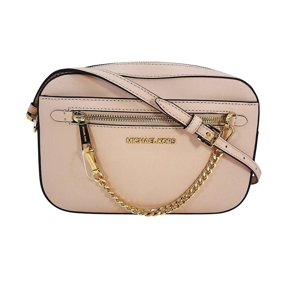 Michael Kors Jet Set Saffiano Leather Crossbody Bag Pale Pink Gold Chain Accent - Picture 1 of 8